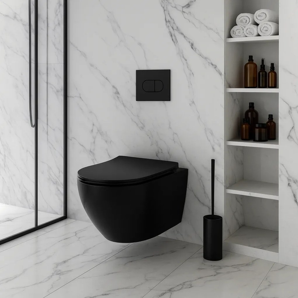 Rea Carlo Mini Tornado NF, závesná WC misa 490x365x350mm + toaletné sedadlo, čierna matná, REA-C3000