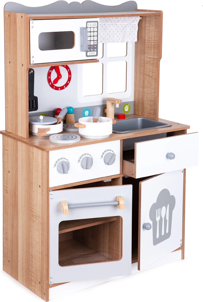 ECOTOYS Drevená veľká detská kuchynka ECOTOYS, 16 doplnkov, trúba a mikrovlnka