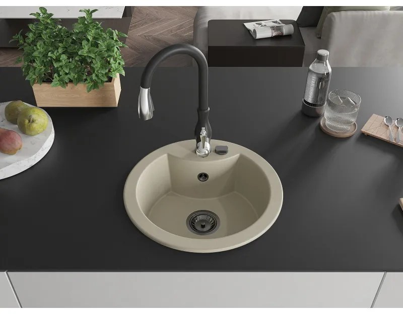 Mexen Diego, 1-komorový granitový drez 488x488x167 mm a drezová batéria Savita, béžová, 6512-69-672601-70