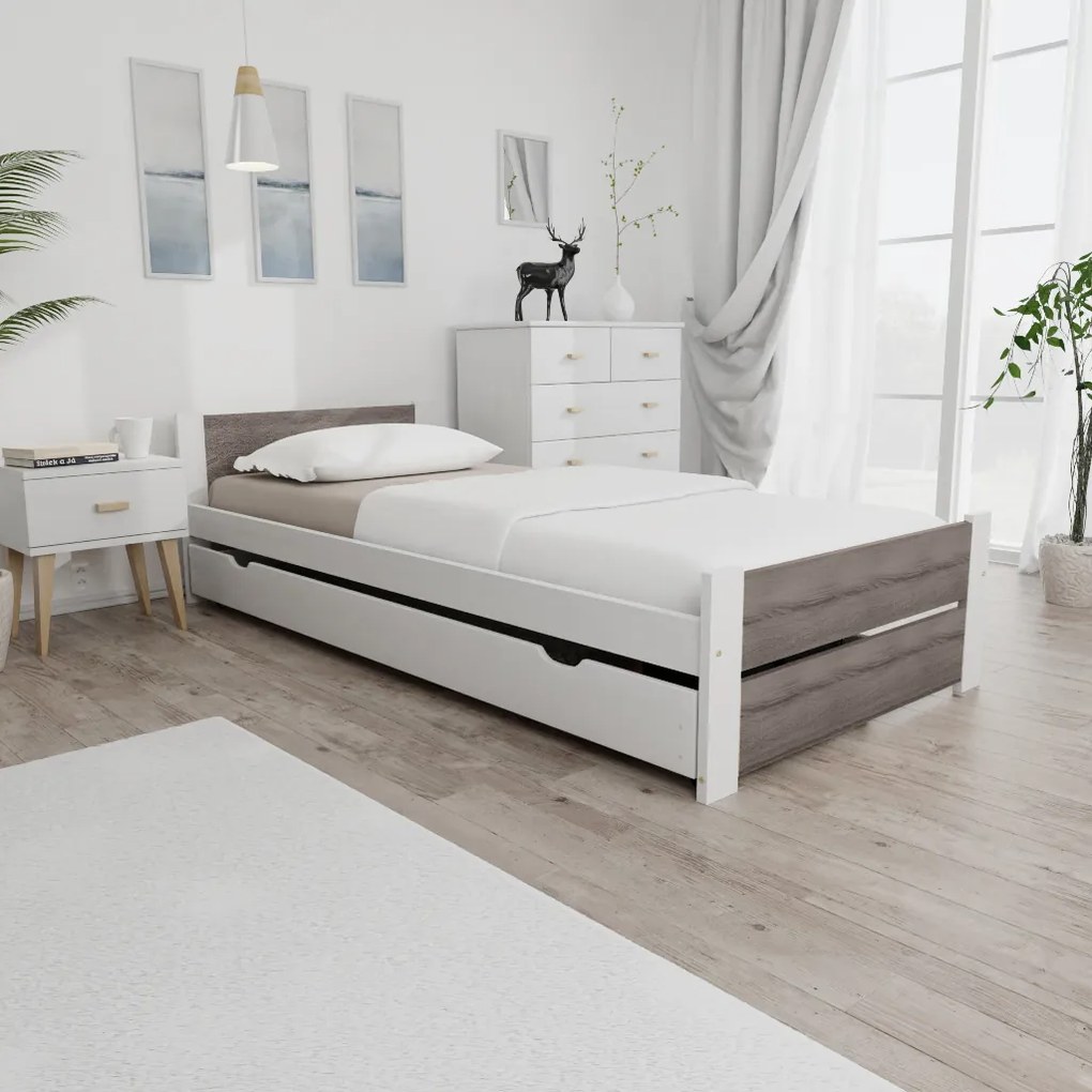 Posteľ IKAROS DOUBLE 80 x 200 cm, biela/dub hľuzovka Rošt: S latkovým roštom, Matrac: Bez matraca