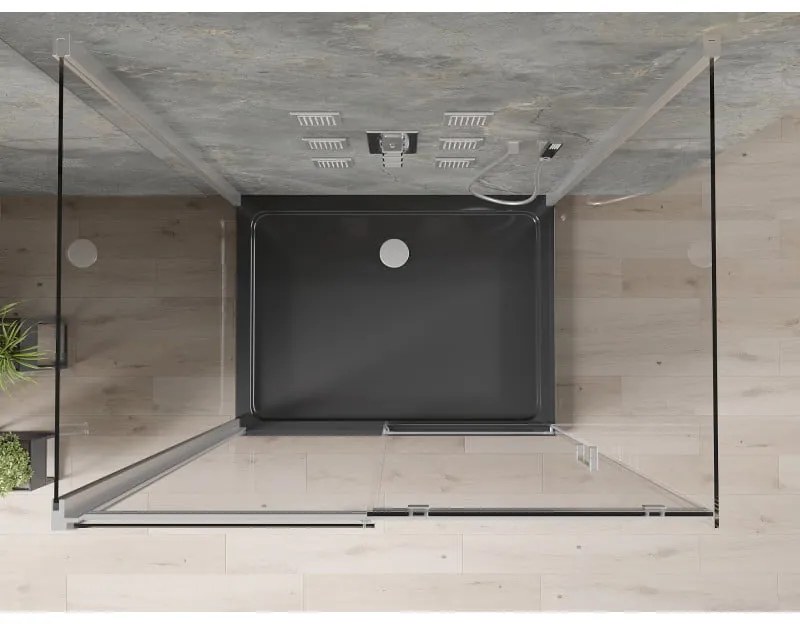 Mexen Omega, 3-stenový sprchovací kút s posuvnými dverami 120 (dvere) x 80 (stena) x 190 cm, 8mm číre sklo, chrómový profil + čierna sprchová vanička SLIM, 825-120-080-01-00-3S-4070