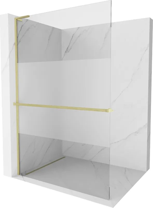 Mexen Kioto+ L, sprchová zástena Walk-In s poličkou a vešiakom 100 x 200 cm, 8mm číre sklo-námraza, zlatý matný profil, 800-100-123-55-35