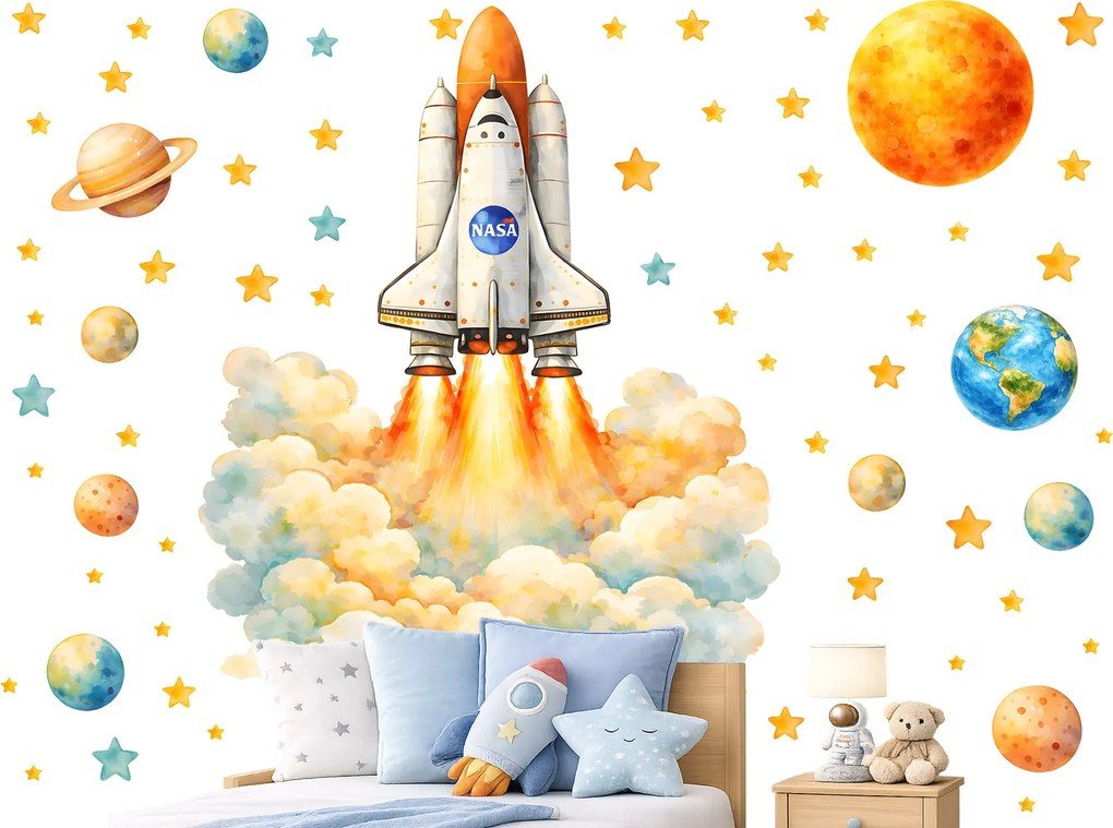 Kozmická raketa NASA textilní prelepiteľná nálepka na stenu hárok 38 x 46 cm