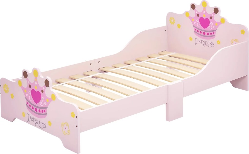 HOMCOM Detská posteľ pre +3 rokov 143x73x60 cm Drevená posteľ pre deti s potlačou korunky, nosnosť 50 kg do spálne Ružová | Aosom