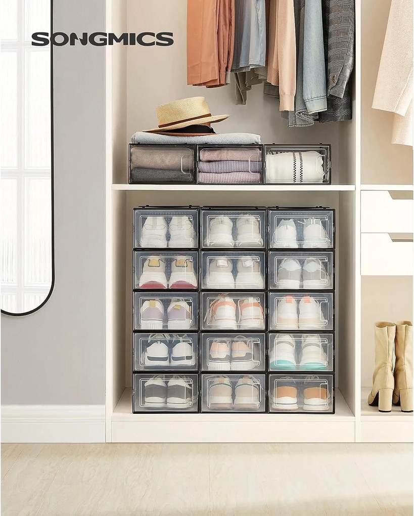 Krabice na topánky, balenie 18 ks, do veľkosti 42, stohovateľné, číre a čierne