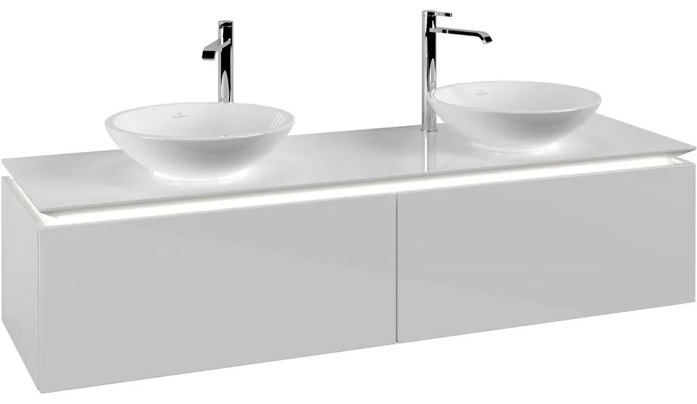 VILLEROY &amp; BOCH Legato závesná skrinka pod dve umývadlá na dosku, 2 zásuvky, s LED osvetlením, 1600 x 500 x 380 mm, Glossy White, B599L0DH