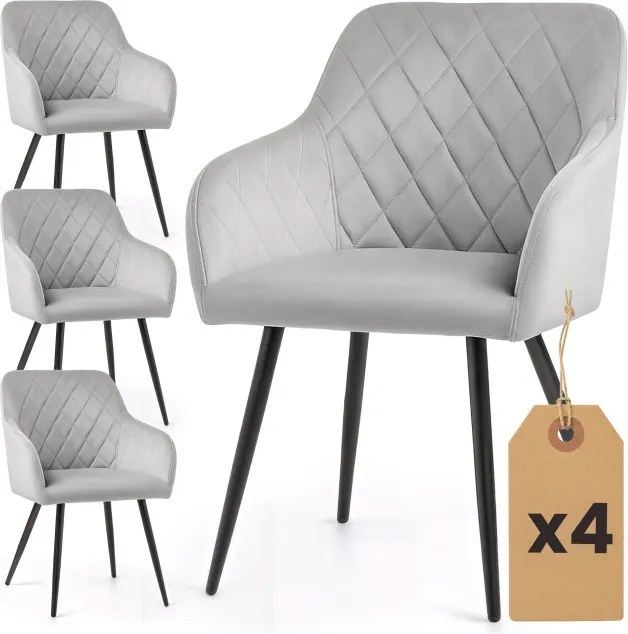 Sada štyroch jedálenských stoličiek VELTO zamatové, sivé / čierne nohy (4 ks)