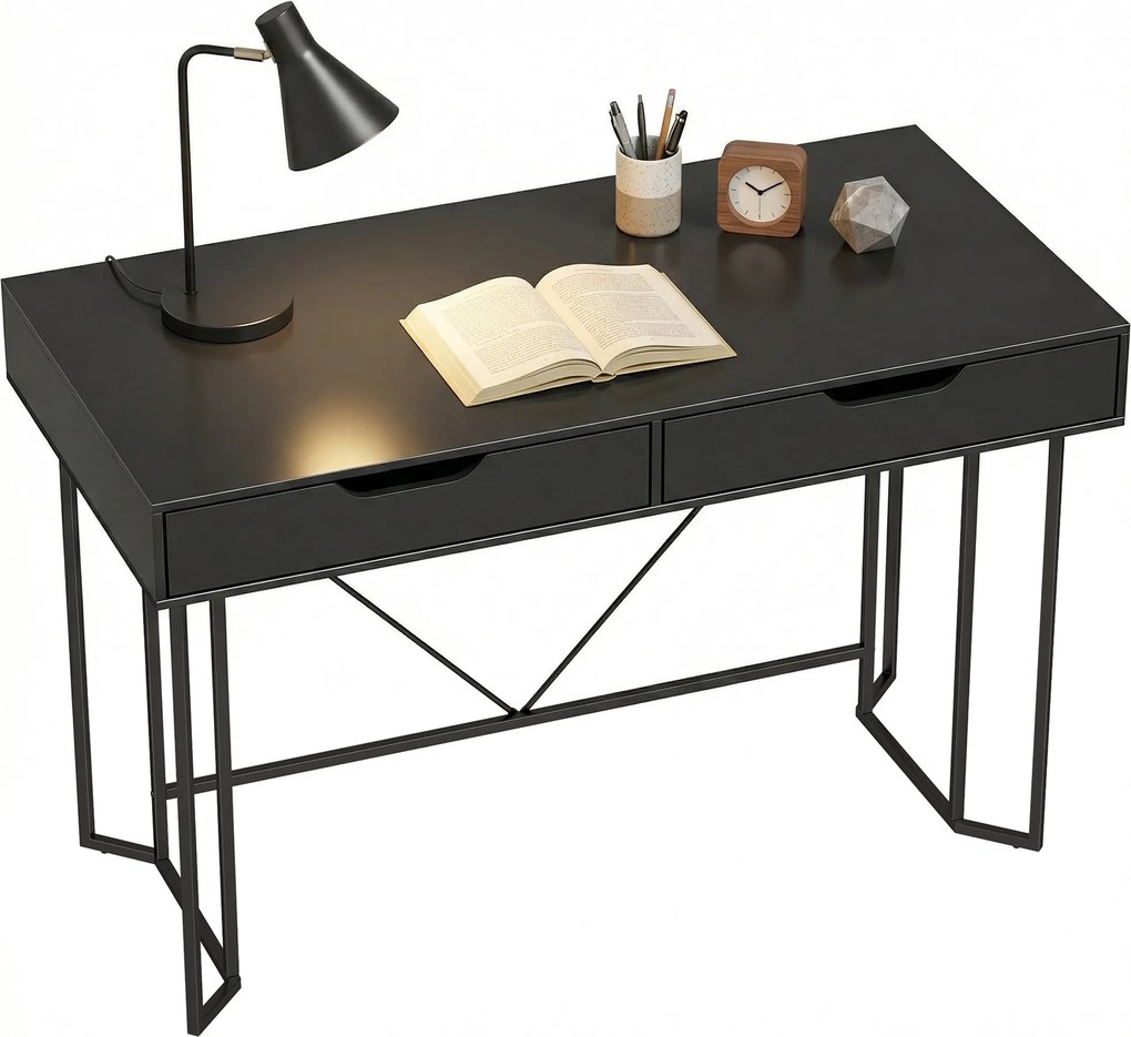 HOMCOM písací stôl s 2 zásuvkami, moderný kovový rám pre domáce kancelárie a spálne — 120 × 60 × 77 cm, čierny | Aosom