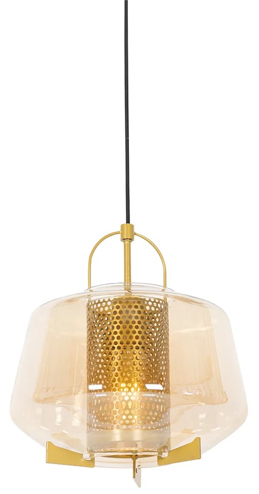 Art Deco závesné svietidlo zlaté s jantárovým sklom 30 cm - Kevin