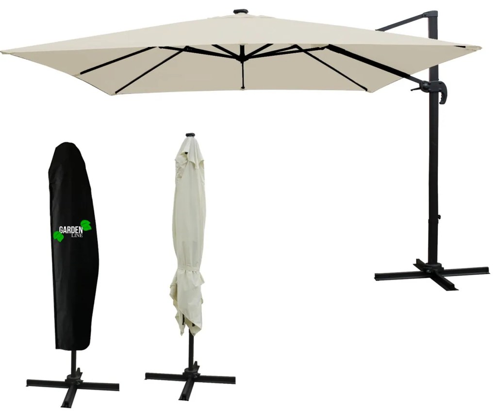 Záhradný slnečník s ochranným obalom a LED osvetlením ROMA 300 x 400 cm béžový