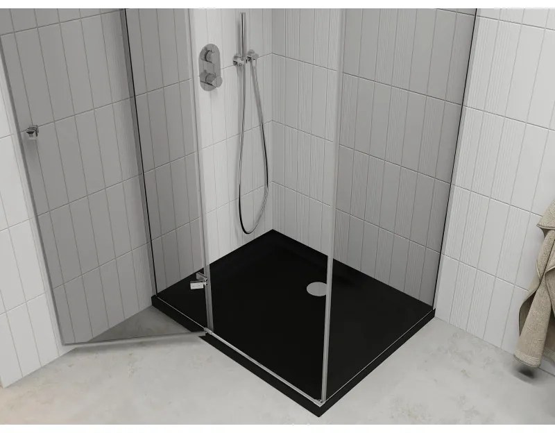 Mexen Roma, sprchový kút s krídlovými dverami 120 (dvere) x 80 (stena) cm, 6mm číre sklo, chrómový profil + slim sprchová vanička čierna + chrómový sifón, 854-120-080-01-00-4070