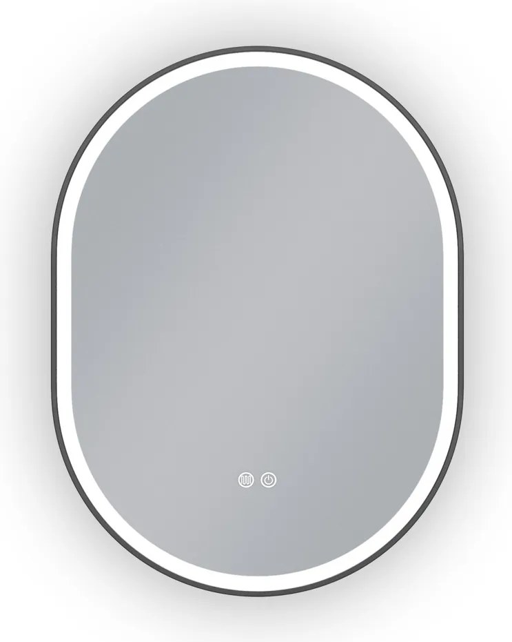 Erga Gwen, oválne LED zrkadlo 60x80cm v čiernom kovovom ráme, 3 farby svetla, predné osvetlenie, vyhrievacia podložka proti zapareniu, ERG-V01-GWEN-6080-BK
