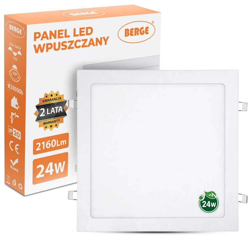 BERGE LED panel štvorcový 300x300x20mm vstavaný - 24W - 230V - 1900Lm - teplá