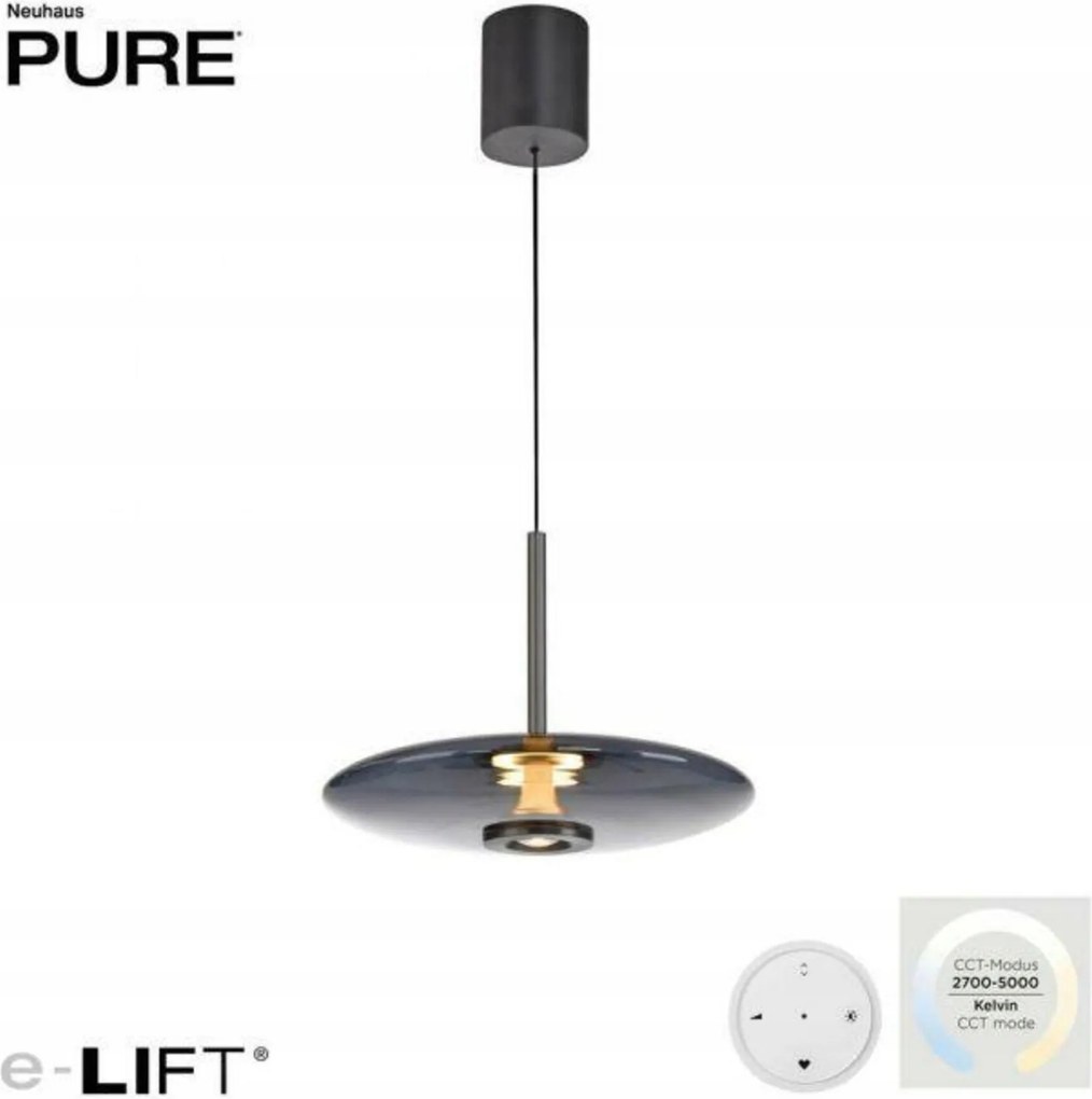 Paul Neuhaus Pure E-Vitrum šedé závesné svietidlo, Led, e-LIFT, Cct, diaľkové