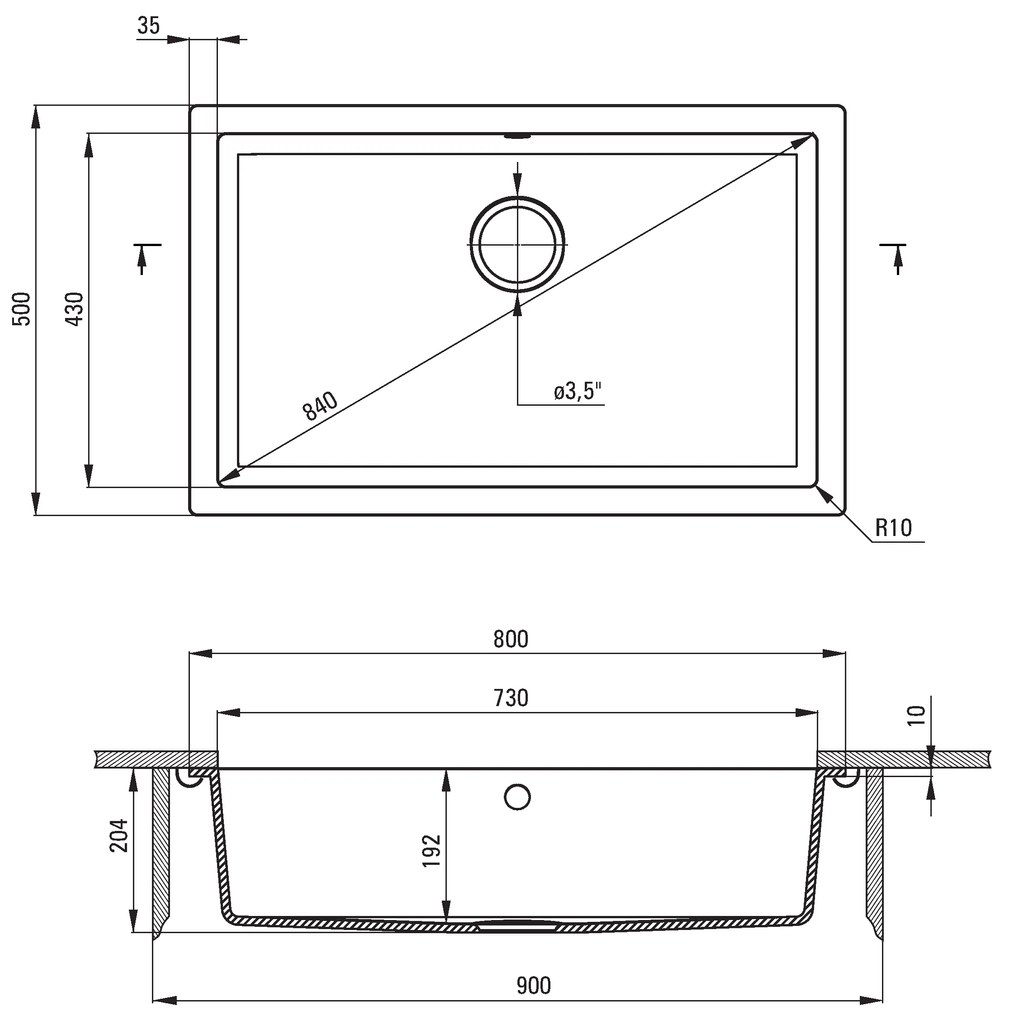 Deante Corda, granitový drez pod dosku 800x500x204 mm, 3,5" + priestorovo úsporný sifón, 1-komorový, antracitová metalíza, ZQA_T10D