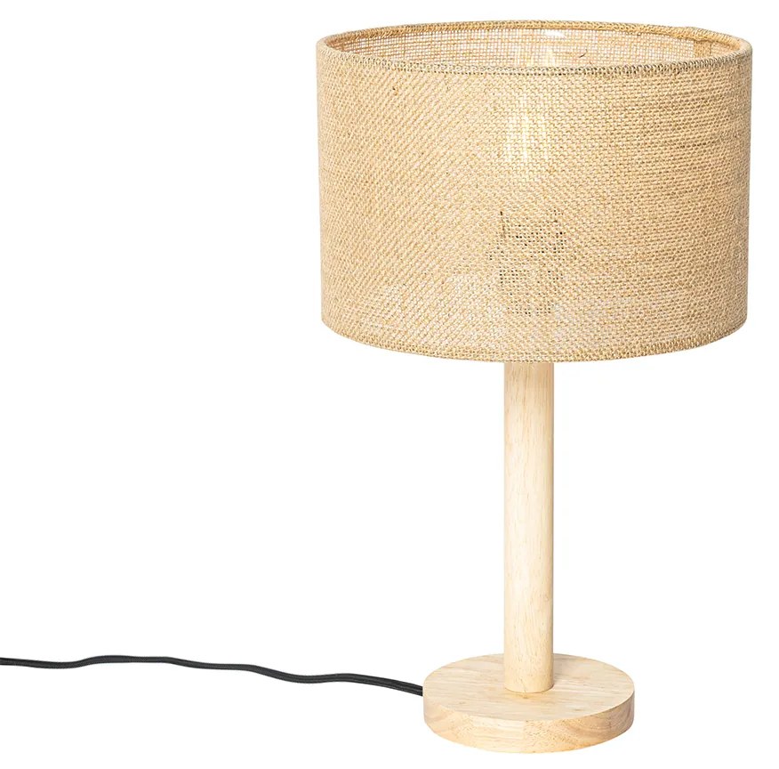 Rustikálna stolná lampa drevo s ľanovým tienidlom prírodná 25 cm - Mels