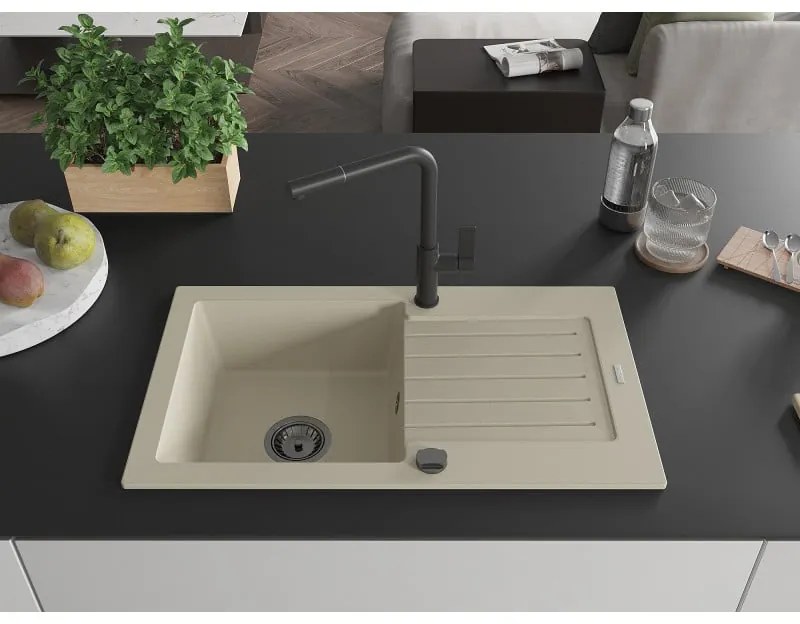 Mexen Pablo, 1-komorový granitový drez 752x436x161 mm a drezová batéria Flora, béžová, 6510-69-670401-70-B