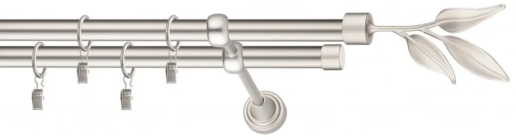 Dekorstudio Chrómová matná dvojradová garniža LIST 19mm Dĺžka: 420cm, Typ uchytenia: Držiak dvojitý modern, Typ príslušenstva: Krúžky tiché so štipcami