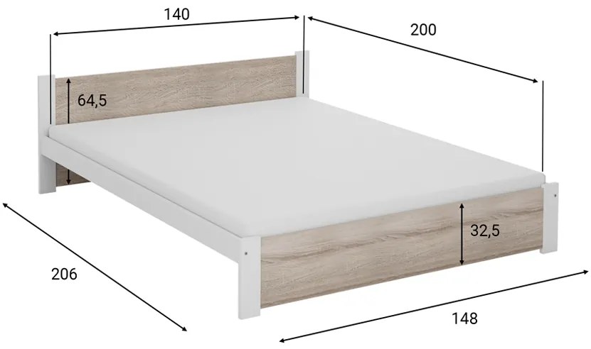 Posteľ IKAROS 140 x 200 cm, biela/dub sonoma Rošt: Bez roštu, Matrac: Matrac COCO MAXI 20 cm