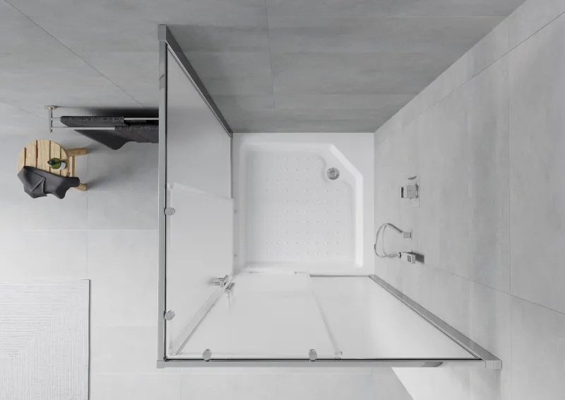 Mexen Rio, štvorcový sprchovací kút s posuvnými dverami 90(dvere) x 90(dvere) x 190 cm, 6mm sklo námraza, chrómový profil + biela sprchová vanička RIO, 860-090-090-01-30-4510