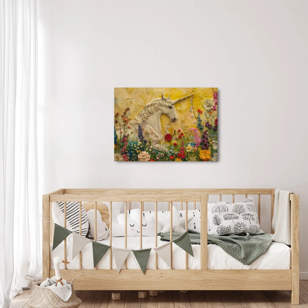 Obraz - Jednorožec s kvetinami (70x50 cm)