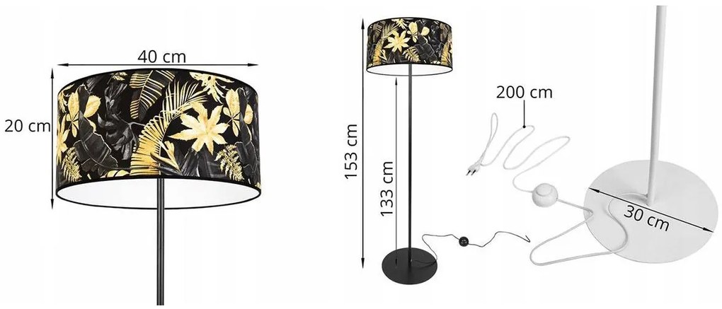 Stojacia lampa Gold Flowers, 1x čierne textilné tienidlo s kvetinovým vzorom, (fi 40cm), o