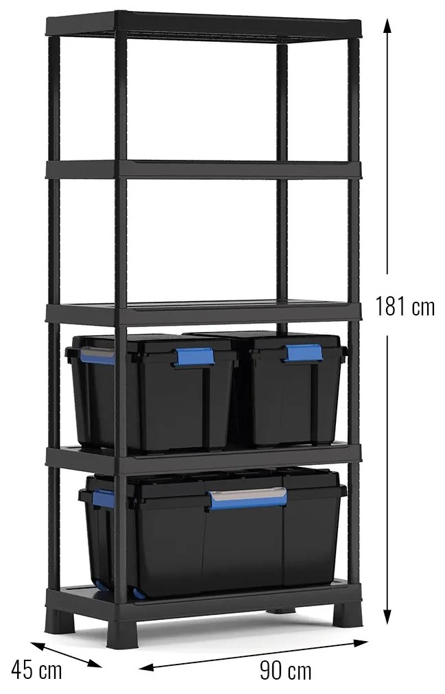 Plastový regál, 5 políc, 180x90x45 cm + plastové boxy Scuba M a Scuba L