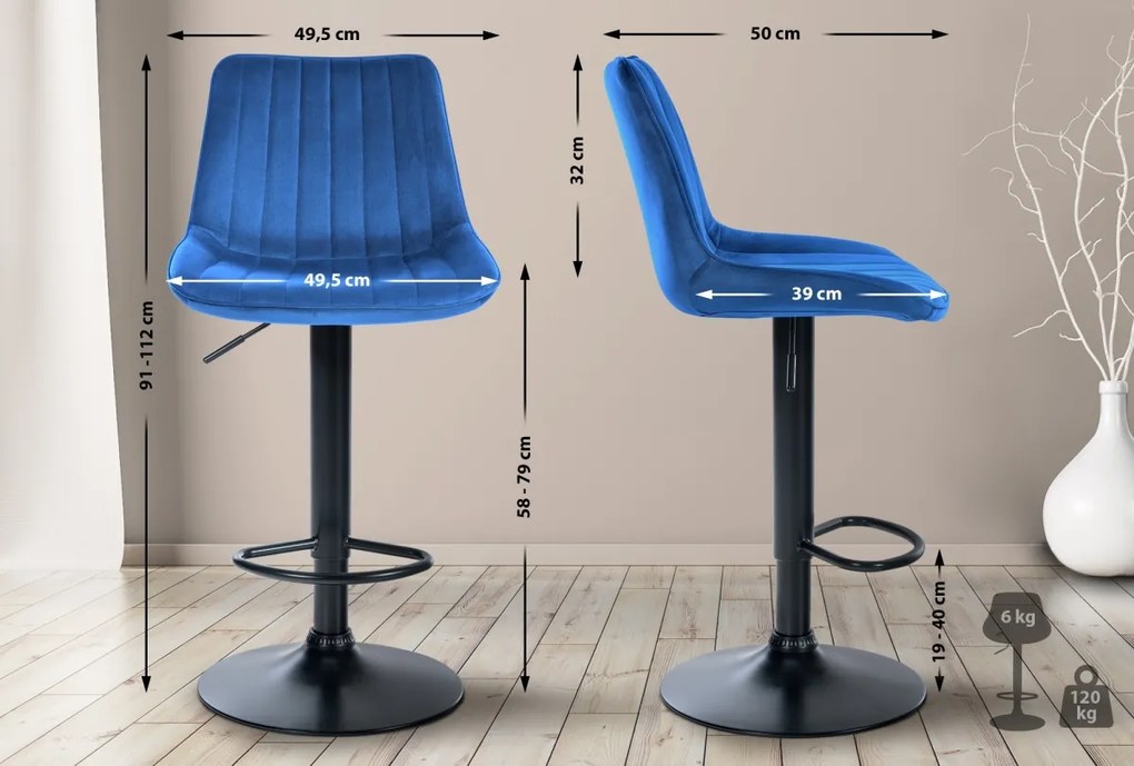 2x Barová stolička Toni - zamat, čierny rám - Modrá