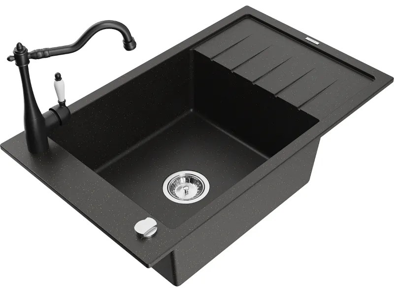 Mexen Elias, granitový drez 795x480x200 mm, 1-komorový a drezová batéria Carla, čierna-zlatá metalíza, 6511-75-670700-70
