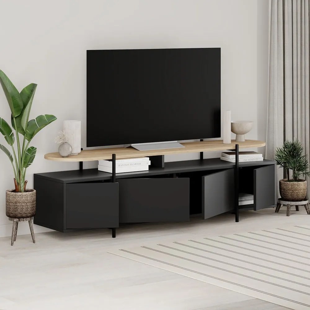 Čierny TV stolík v dekore duba 160x48 cm Hinoa – Marckeric