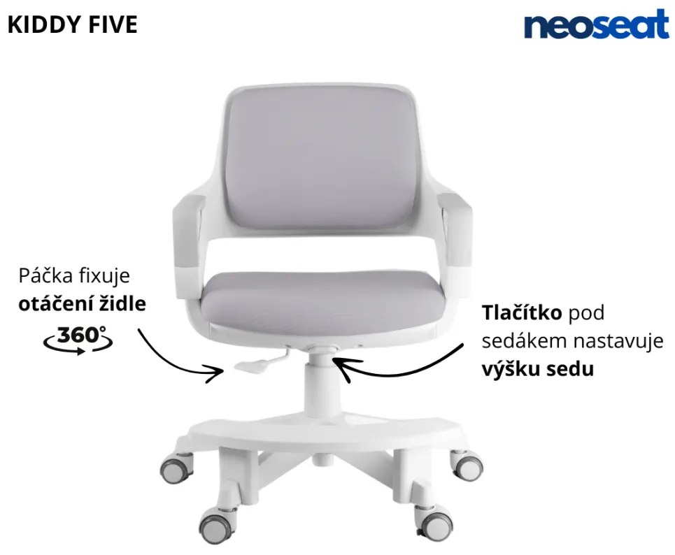 Detská rastúca stolička Neoseat KIDDY FIVE — látka, prateľný poťah, sivá