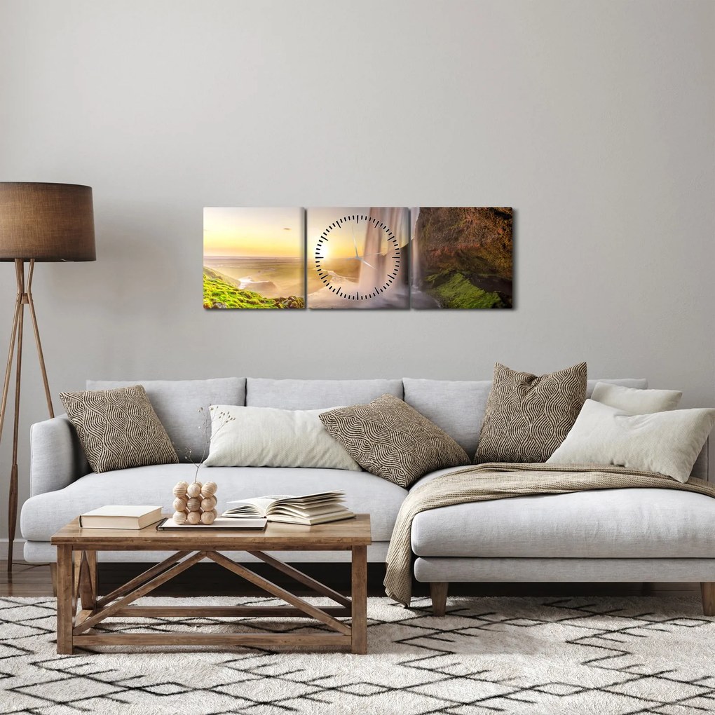 Obraz - Seljalandsfoss spoza vnútra jaskyne (s hodinami) (90x30 cm)