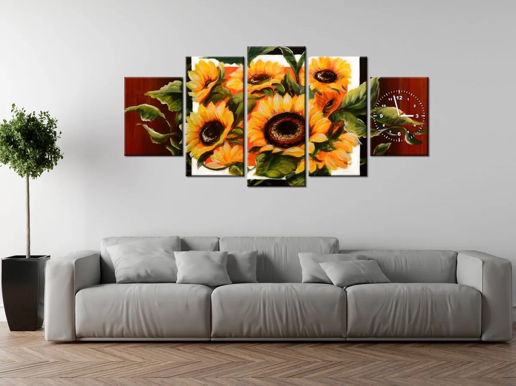Gario Obraz s hodinami Prekrásne slnečnice - 5 dielny Rozmery: 150 x 105 cm