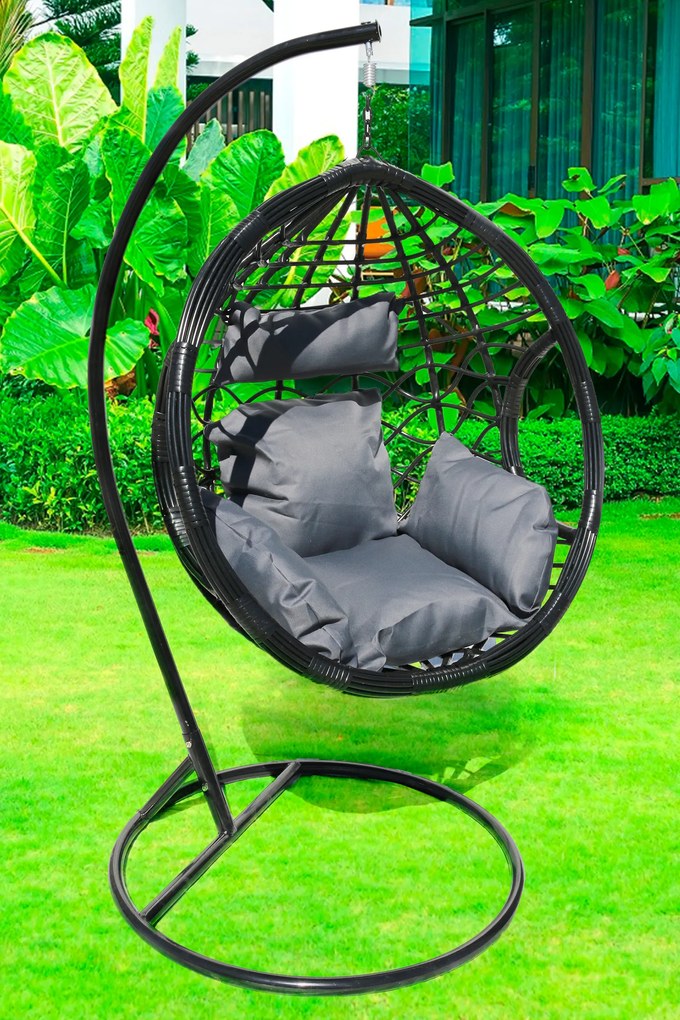 Závesné kreslo 03 čierne so sivou poduškou