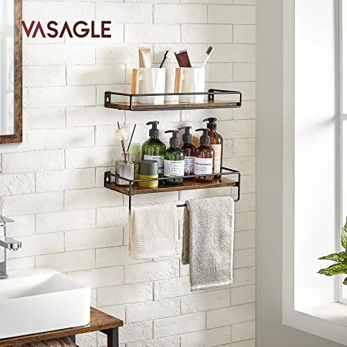 Sada 2 nástenných políc, plávajúce police s tyčou, rustikálne hnedé