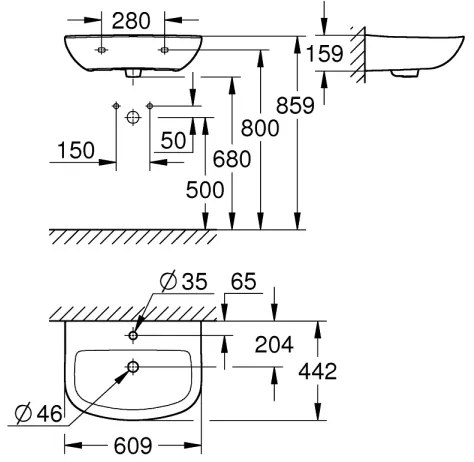 GROHE 39421000 - Závesné umývadlo BAU CERAMIC 609 × 442 mm keramika/biela