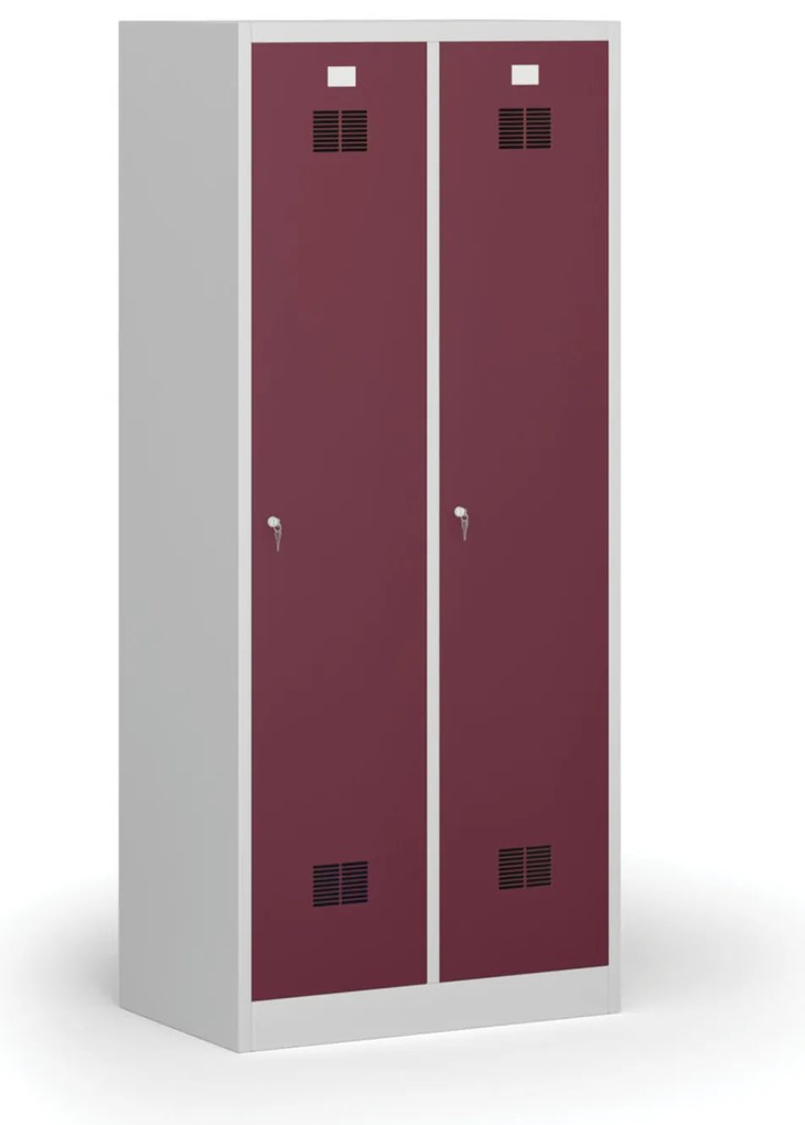 Kovová šatníková skrinka S1 s medzistenou, 2 oddiely, 1850 x 800 x 500 mm, cylindrický zámok, červené dvere