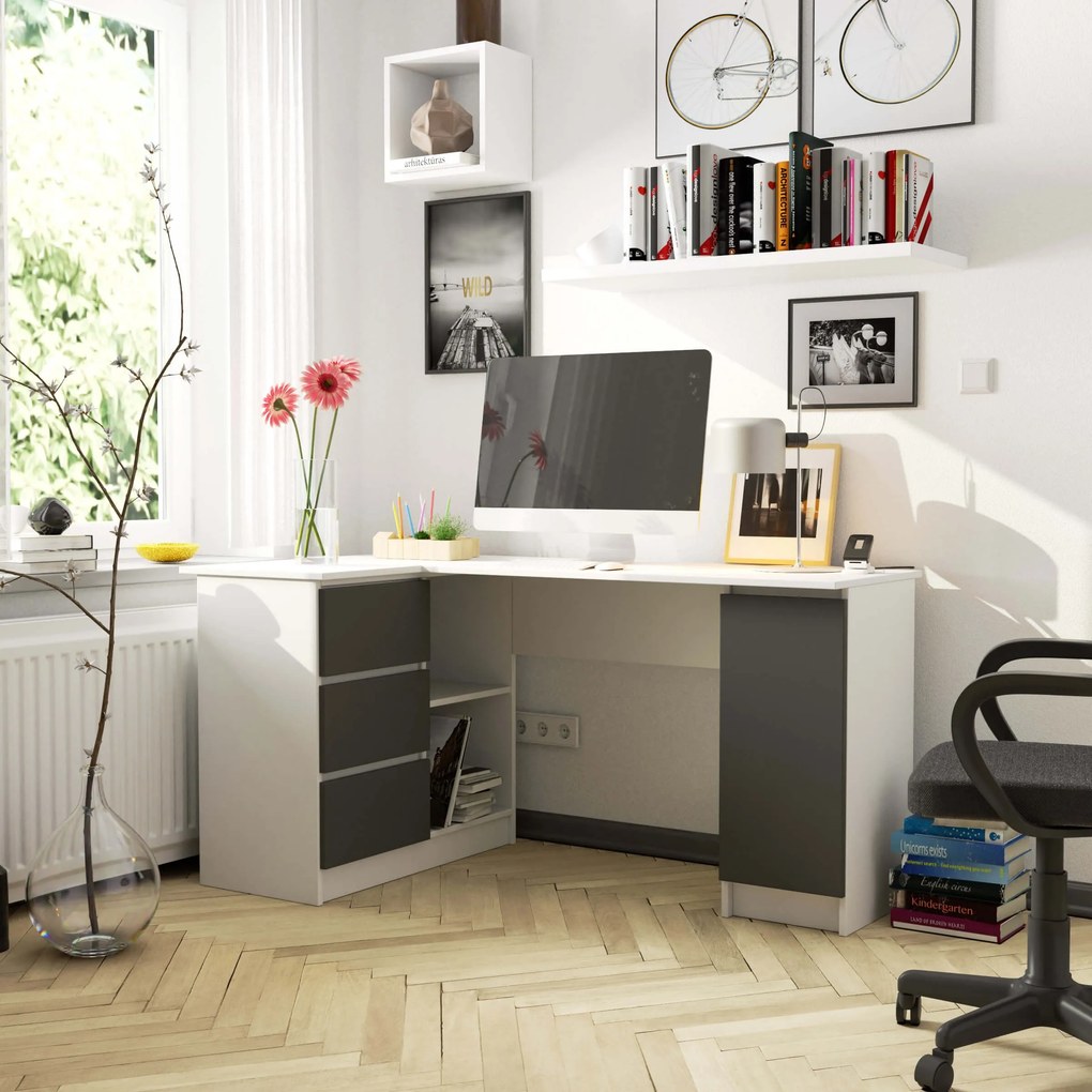 Rohový PC stolík Bienvenida (biela + grafit) (L). Akcia -20%. Vlastná spoľahlivá doprava až k Vám domov. 1117076