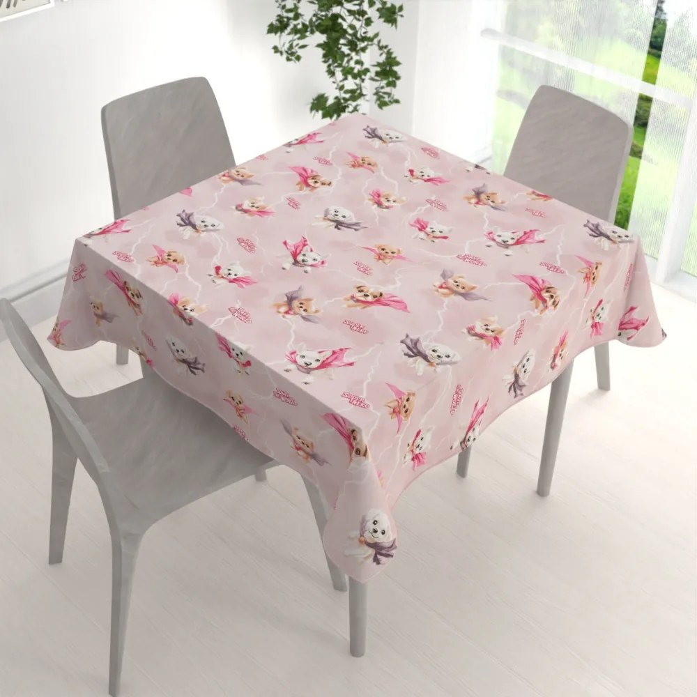 Biante Detský bavlnený štvorcový obrus Sandra SA-650 Psí superhrdinovia na staroružovom 120x120 cm