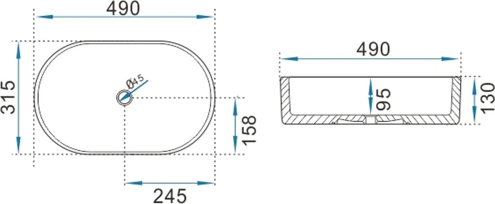 Erga Halle, umývadlo na dosku 490x315x130 mm, biela lesklá, ERG-V03-HALLE49-WH