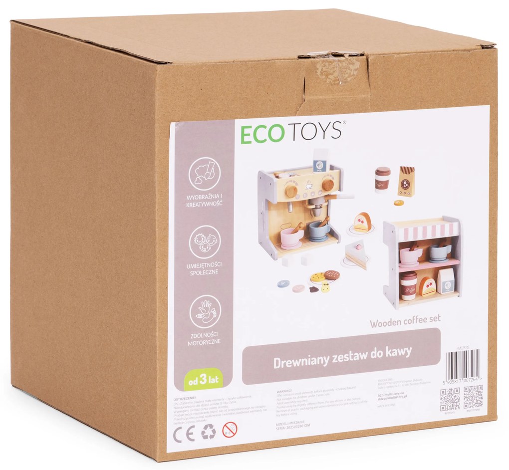 Drevený kávovar pre deti 2 v 1, 26 príslušenstva, ECOTOYS