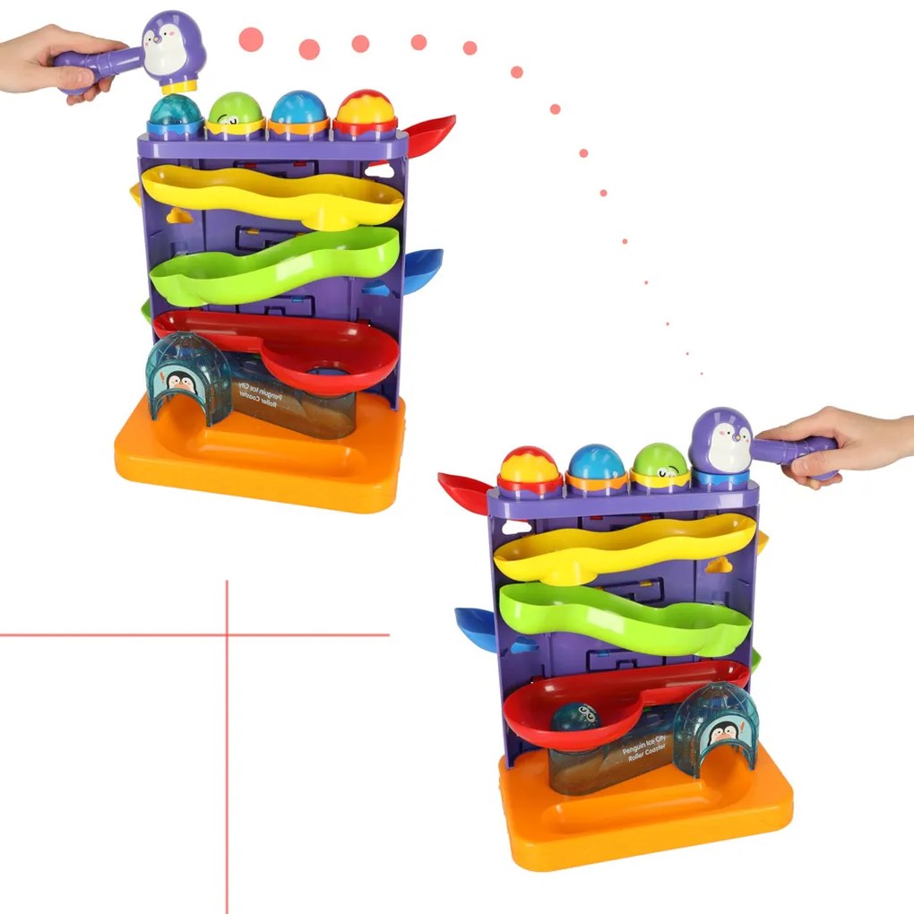KIK Interaktívna guľôčková dráha 3 v 1 s kladivami tučniak + auto