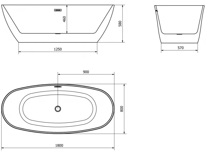 Mexen Eris, voľne stojaca vaňa 180 x 80 cm, biela, čierny matný prepad, 53441808000-70
