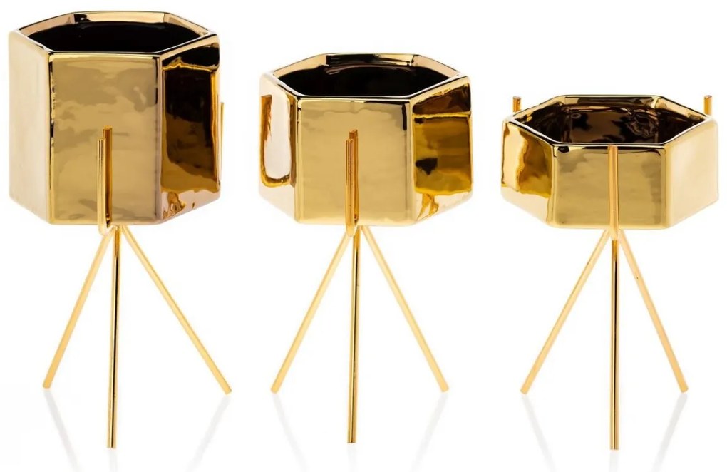 Sada 3 ks květináčů na stojanu SASHI zlatá