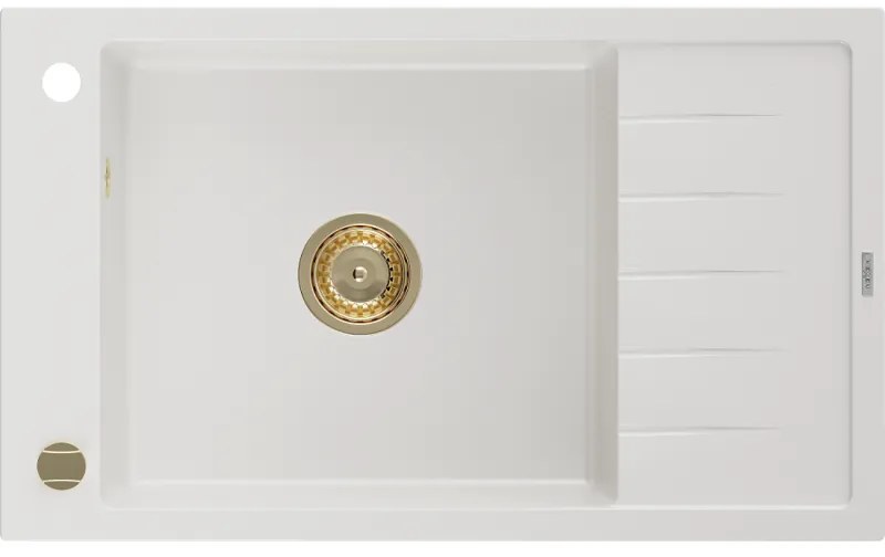 Mexen Elias, granitový drez granitový 795x480x200 mm, 1-komorový, biela so zlatým sifónom, 6511791005-20-G
