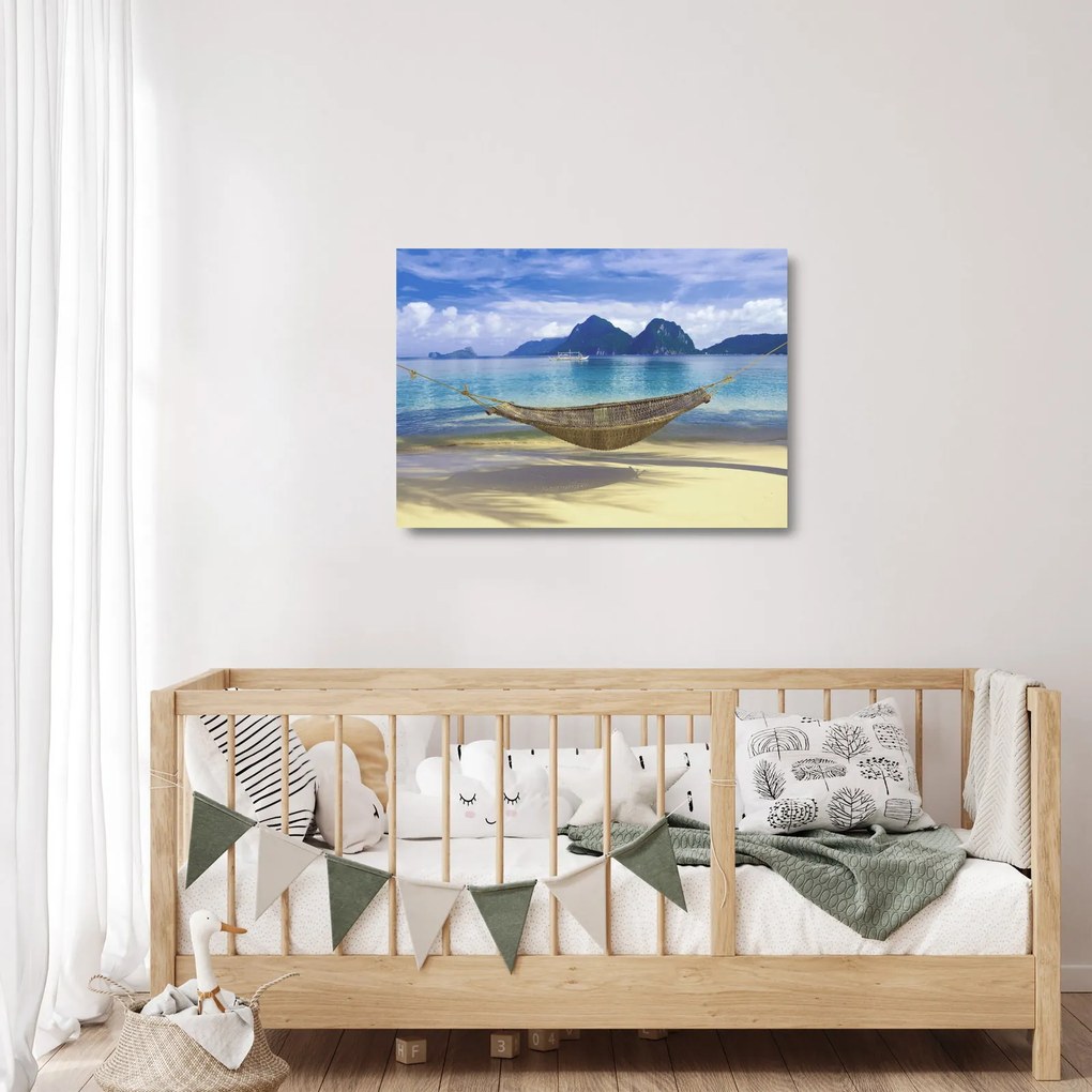 Sklenený obraz - Sklenený obraz hojdacej siete na pláži 2 (70x50 cm)