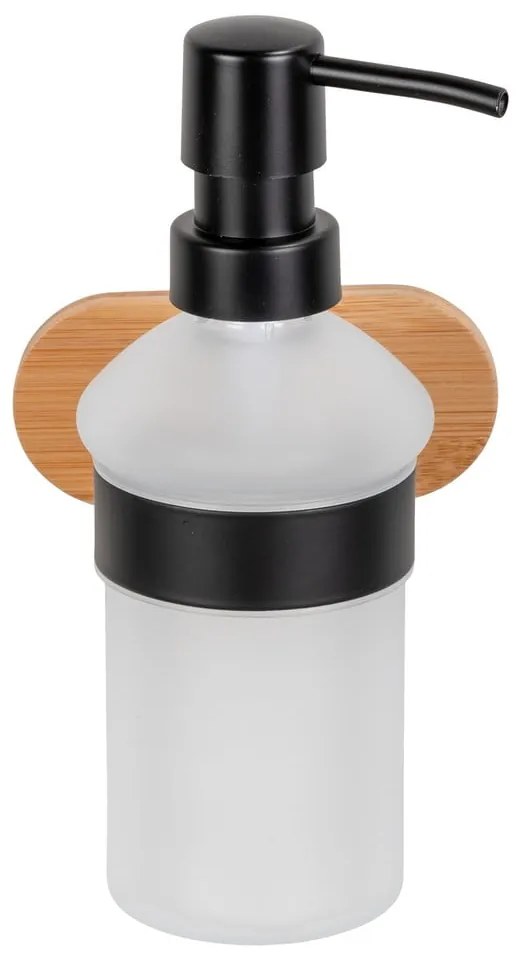 Samodržiaci sklenený dávkovač mydla v čiernej a prírodnej farbe 300 ml Orea Bamboo – Wenko