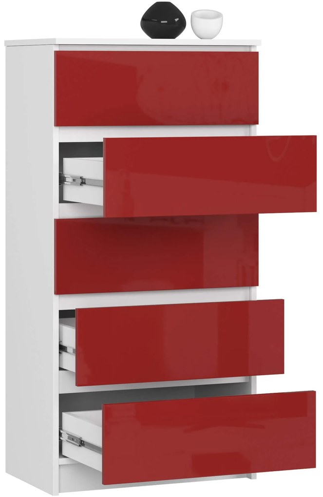 Komoda Kuba 60 cm - 5 zásuviek biela/červená