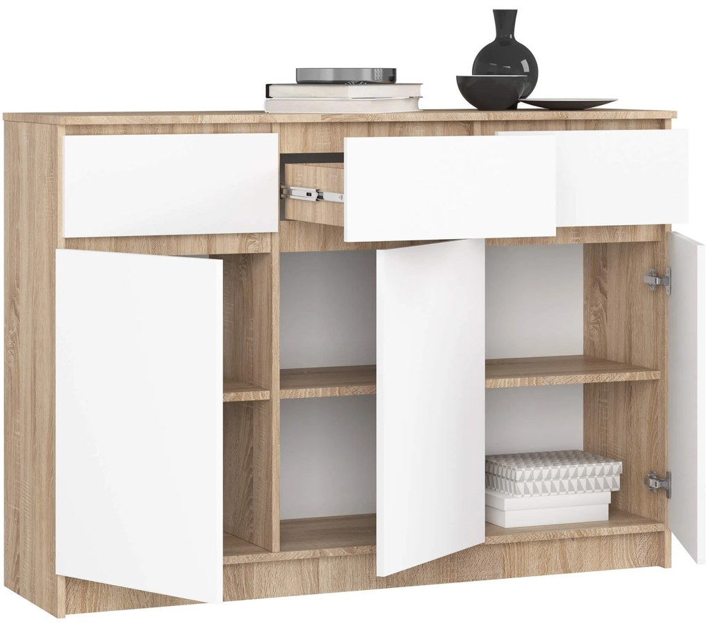 Komoda Karolína 140 cm 3 skrinky a 3 zásuvky dub sonoma/biela
