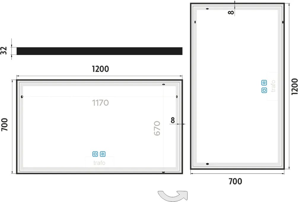Nimco Čierne LED zrkadlo 1200x700 s dvoma dotykovými senzormi - ZPC 13006VX-90